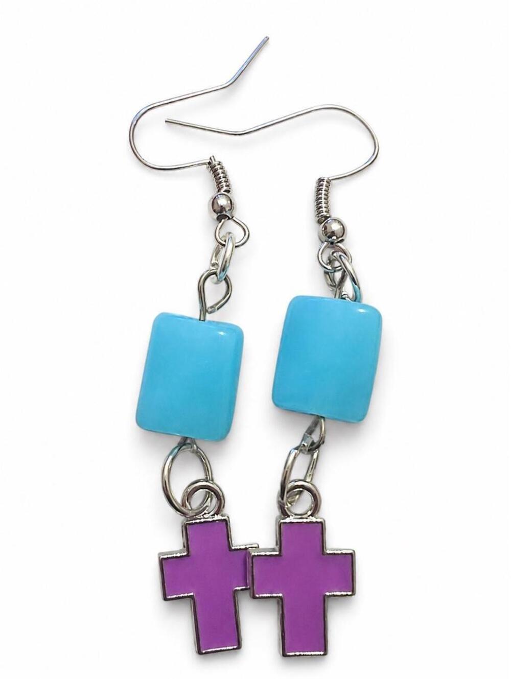 Handmade turquoise and purple cross dangle earrings
